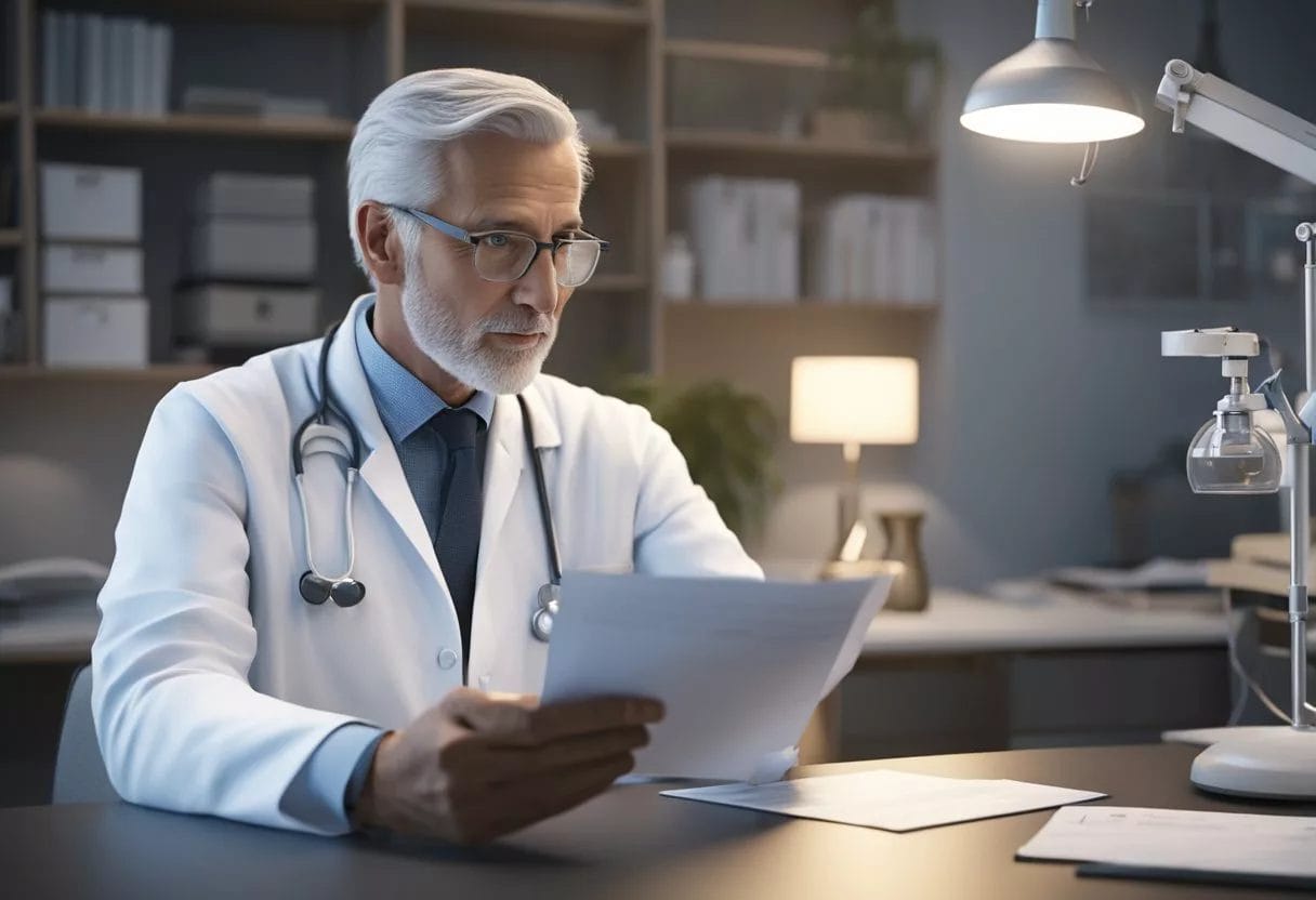 A doctor discussing statin therapy with a patient, pointing to a FAQ pamphlet