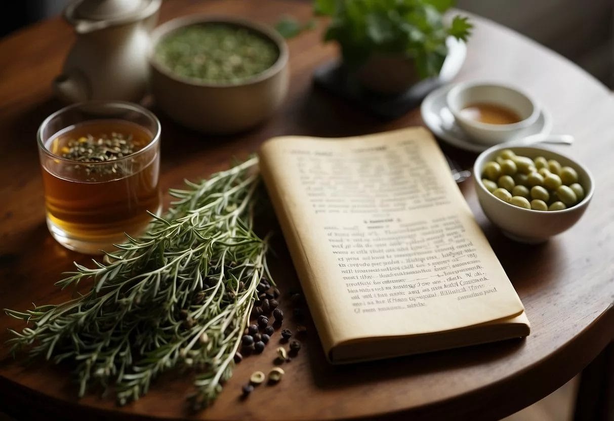 A table with various herbs, fruits, and tea leaves. A steaming cup of slimming tea next to a recipe book and a handwritten note with recommendations