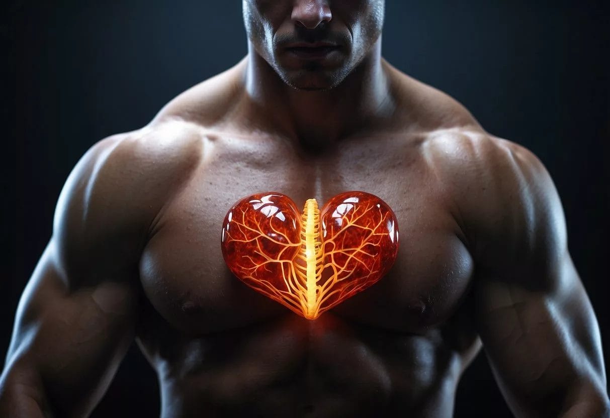 A figure breathes heavily, heart pounds, sweat drips. Muscles contract, blood pumps, lungs gasp. Energy surges, body adapts, strength builds