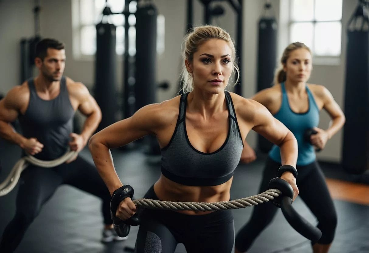 A group of athletes performing various high intensity exercises in a gym setting, with equipment such as battle ropes, kettlebells, and plyometric boxes