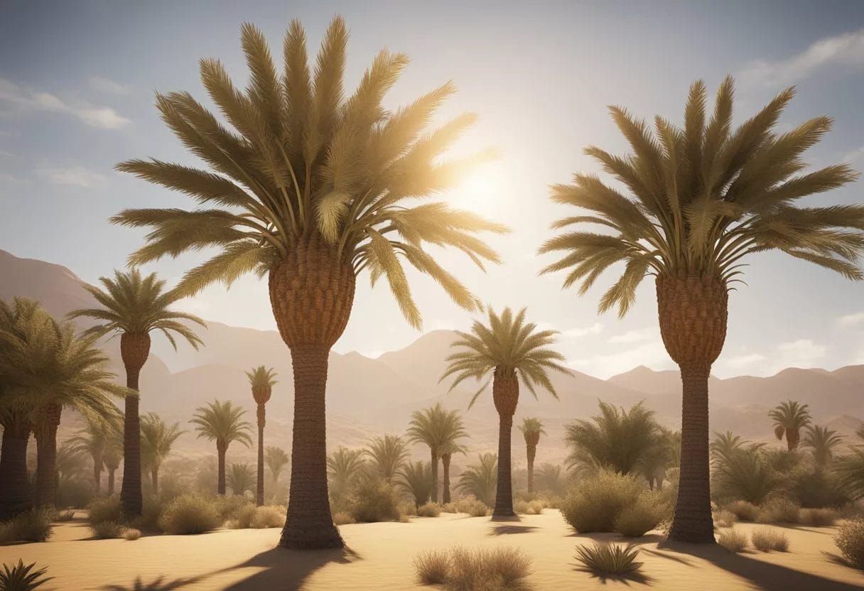 Date palms stand tall against a desert backdrop, their branches heavy with ripe, golden fruit. A historical monument looms in the background, symbolizing the long-standing significance of this ancient crop
