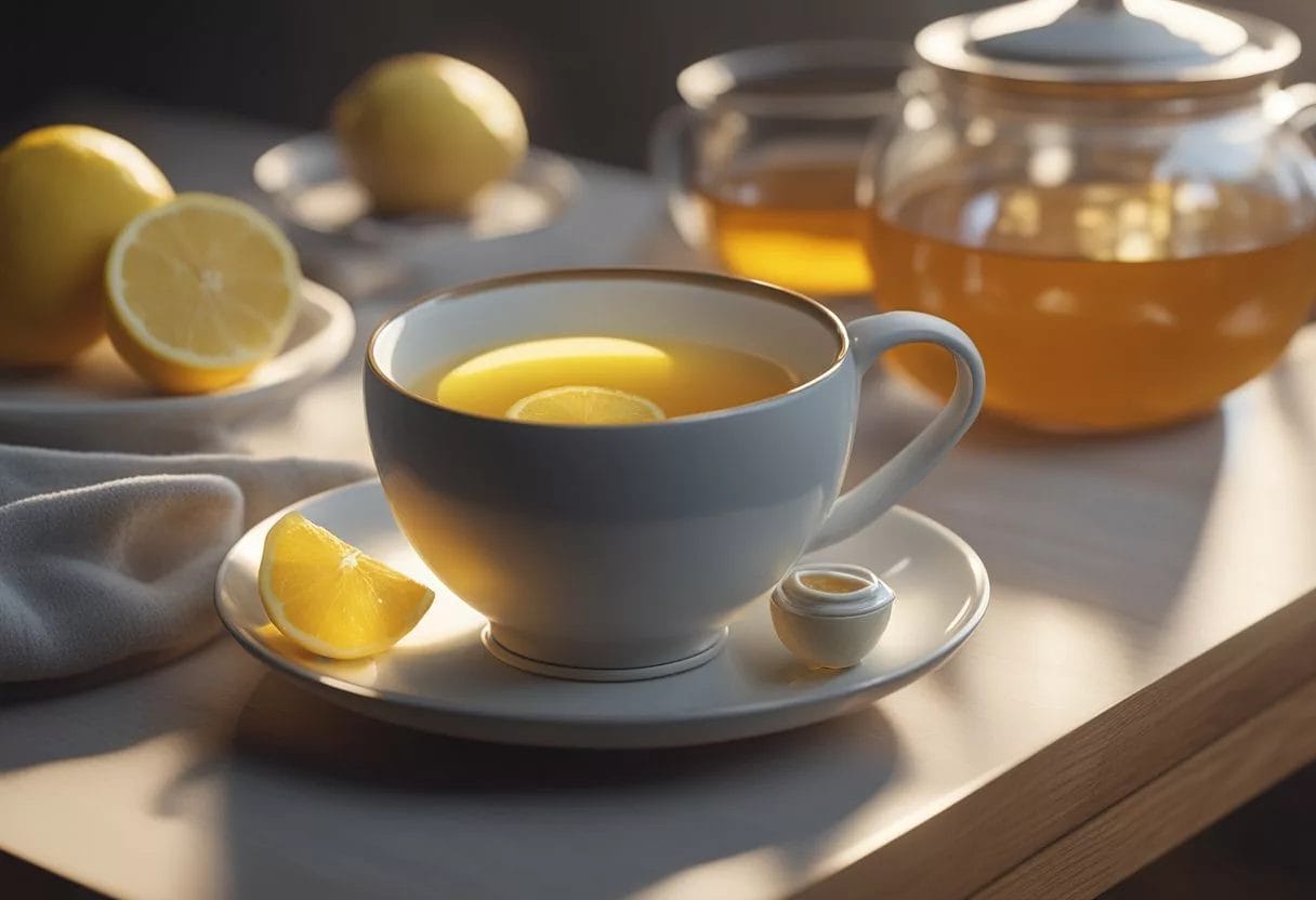 A steaming cup of tea with honey and lemon sits on a table next to a jar of soothing throat lozenges and a bowl of steamy chicken soup