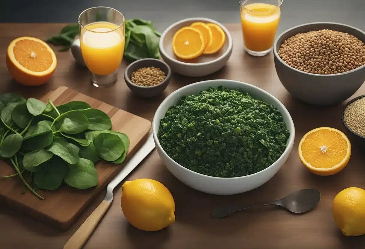 A table with a variety of iron-rich foods such as spinach, lentils, red meat, and quinoa. A glass of orange juice and a slice of lemon to show vitamin C absorption
