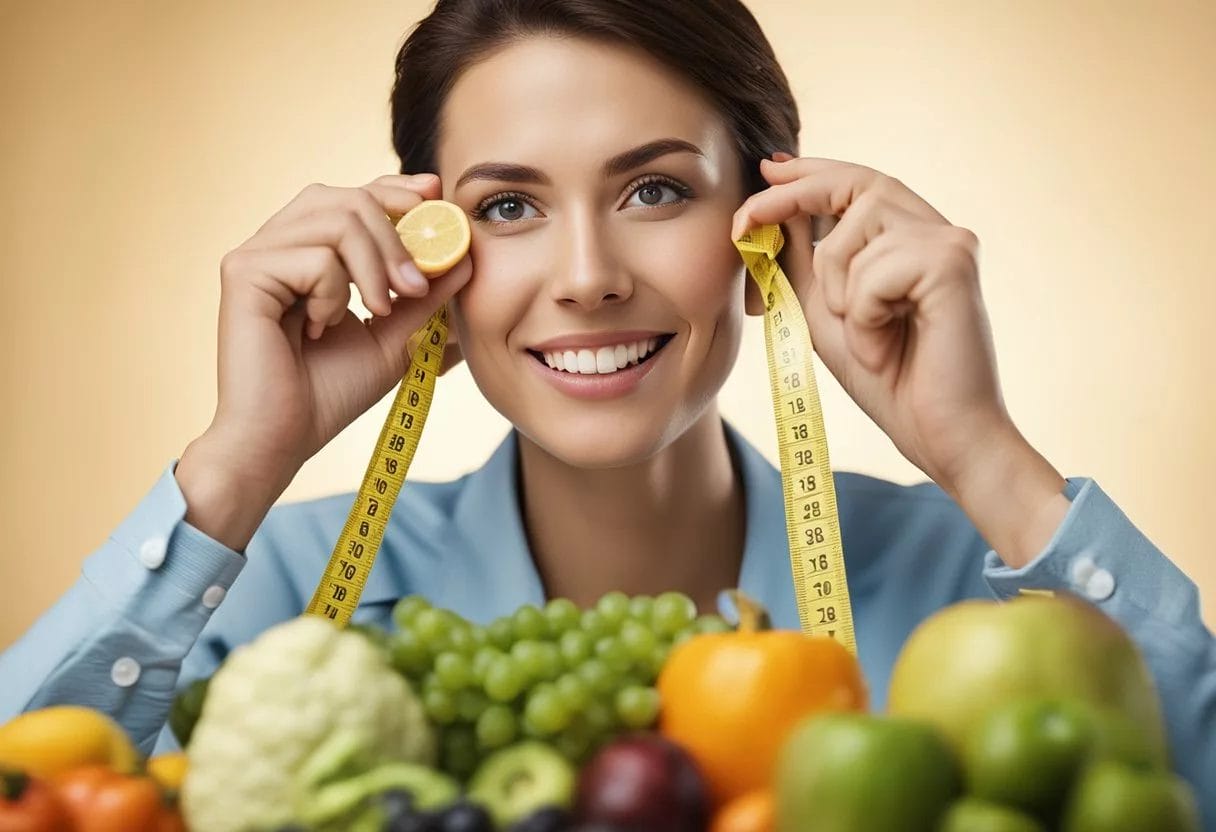 A person doing facial exercises, holding a tape measure to their face, with healthy food and water nearby