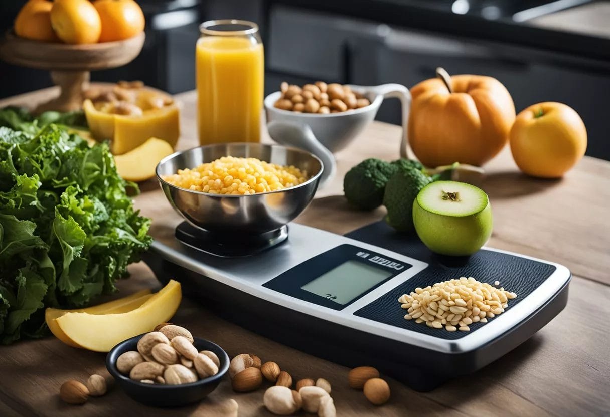 image-249 - Preventive Medicine Daily A kitchen scale with measuring cups and healthy food items, surrounded by exercise equipment and a chart showing weight loss progress