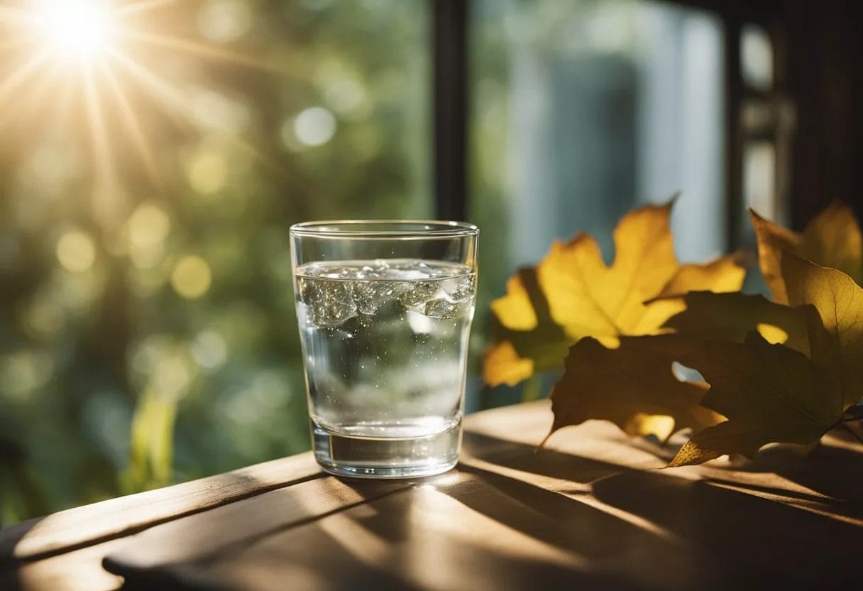 A clear glass of water sits on a wooden table, surrounded by a few scattered leaves and a small rock. Sunlight filters through a nearby window, casting a soft glow on the scene