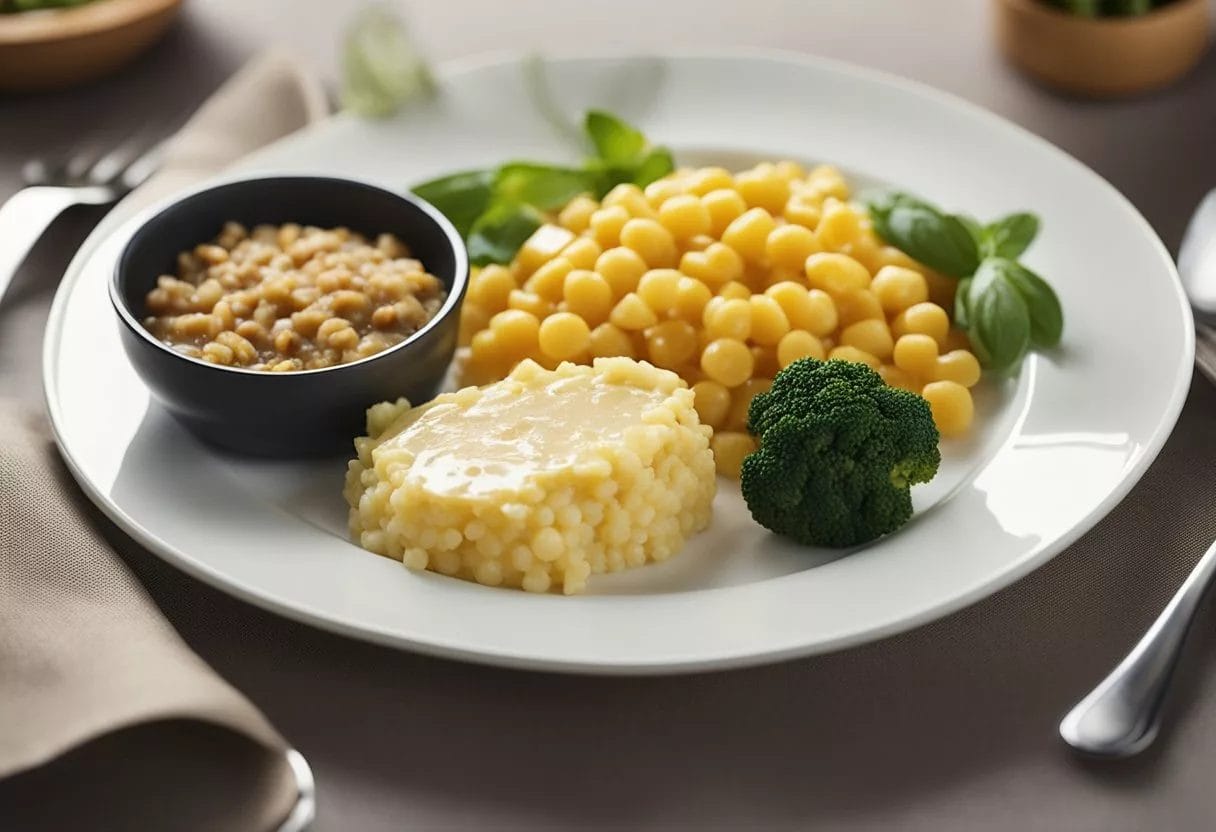 A plate with varying portion sizes of food, next to a standard measuring cup and spoon. Different contexts include home, restaurant, and fast food