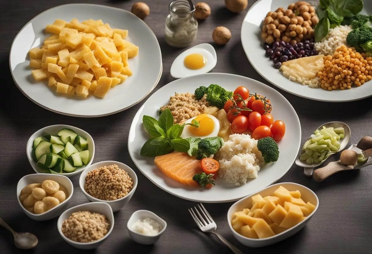 A plate with standard portion sizes of different foods, labeled with serving sizes