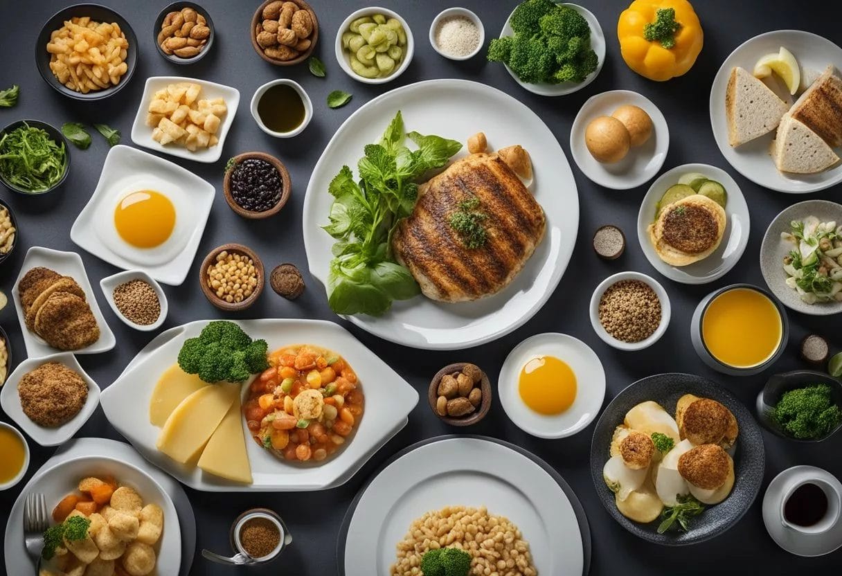 A plate with various food items, each portioned differently to show the contrast in serving sizes