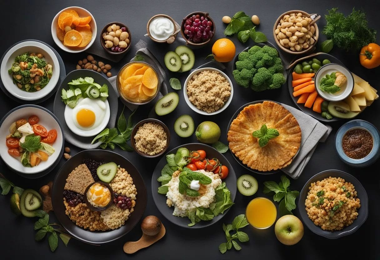 A table with a variety of portion sizes and serving dishes, surrounded by a diverse selection of healthy foods