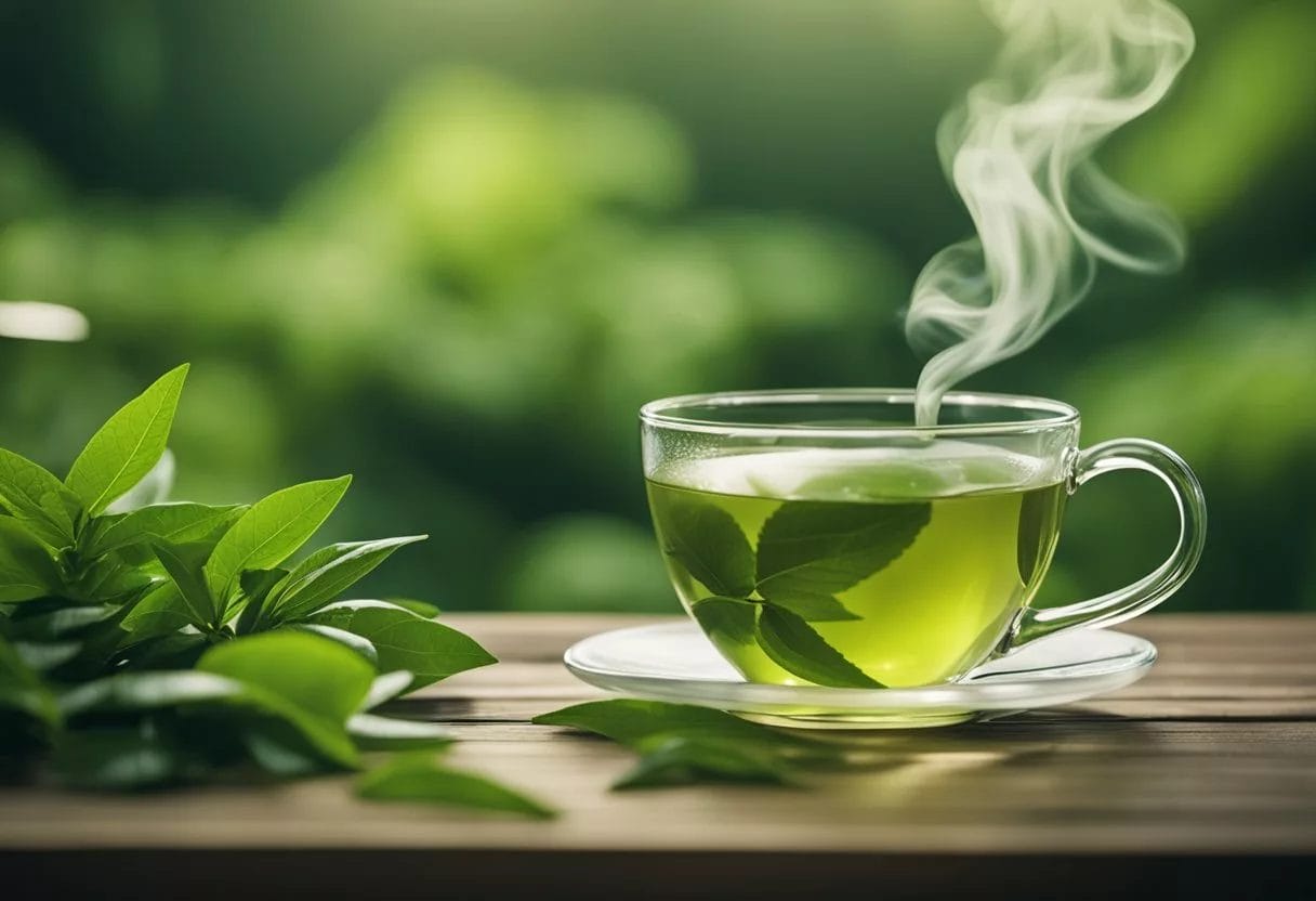 A steaming cup of green tea surrounded by fresh tea leaves and a backdrop of lush greenery
