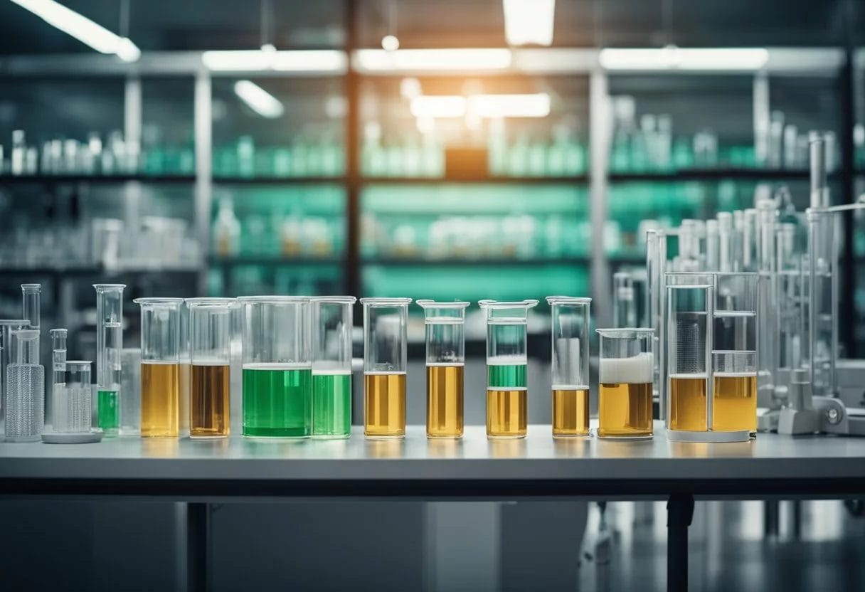 A laboratory setting with test tubes, beakers, and scientific equipment. A computer screen displaying data on sugar levels. Safety signs and labels visible