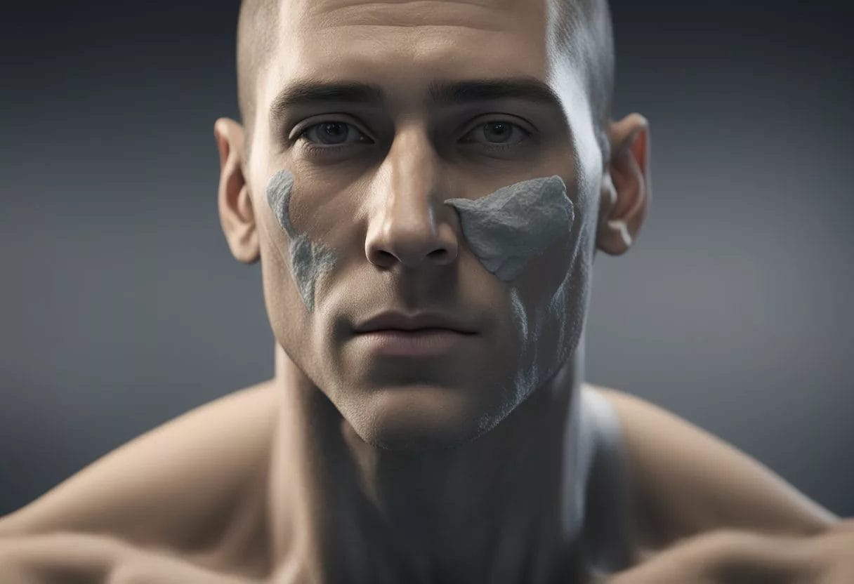 A person with a degloved face injury, showing exposed facial muscles and tissue, with visible signs of trauma and swelling