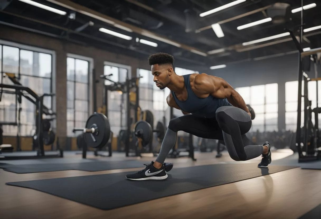 A person performs bodyweight leg workouts, doing exercises such as squats, lunges, and calf raises in a gym setting