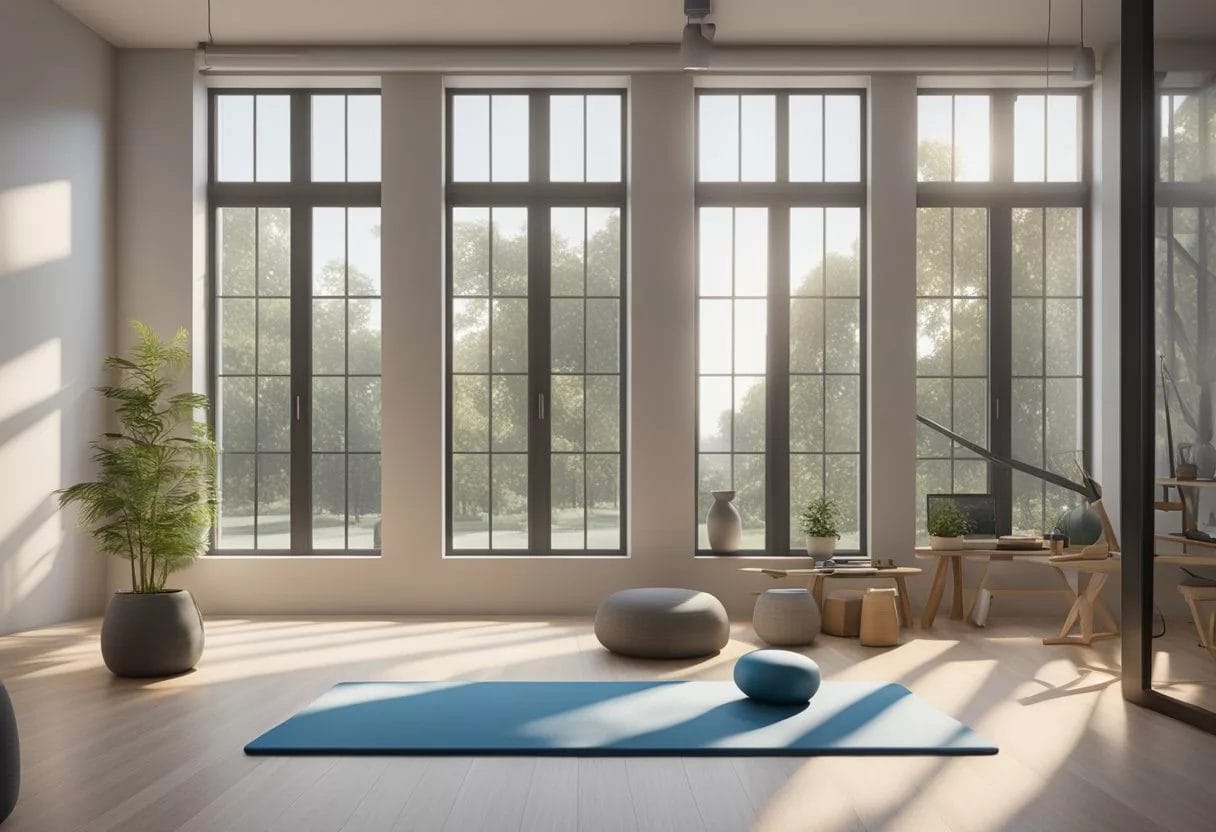 A bright, spacious room with exercise equipment, yoga mat, and resistance bands. A large window lets in natural light, and motivational posters adorn the walls