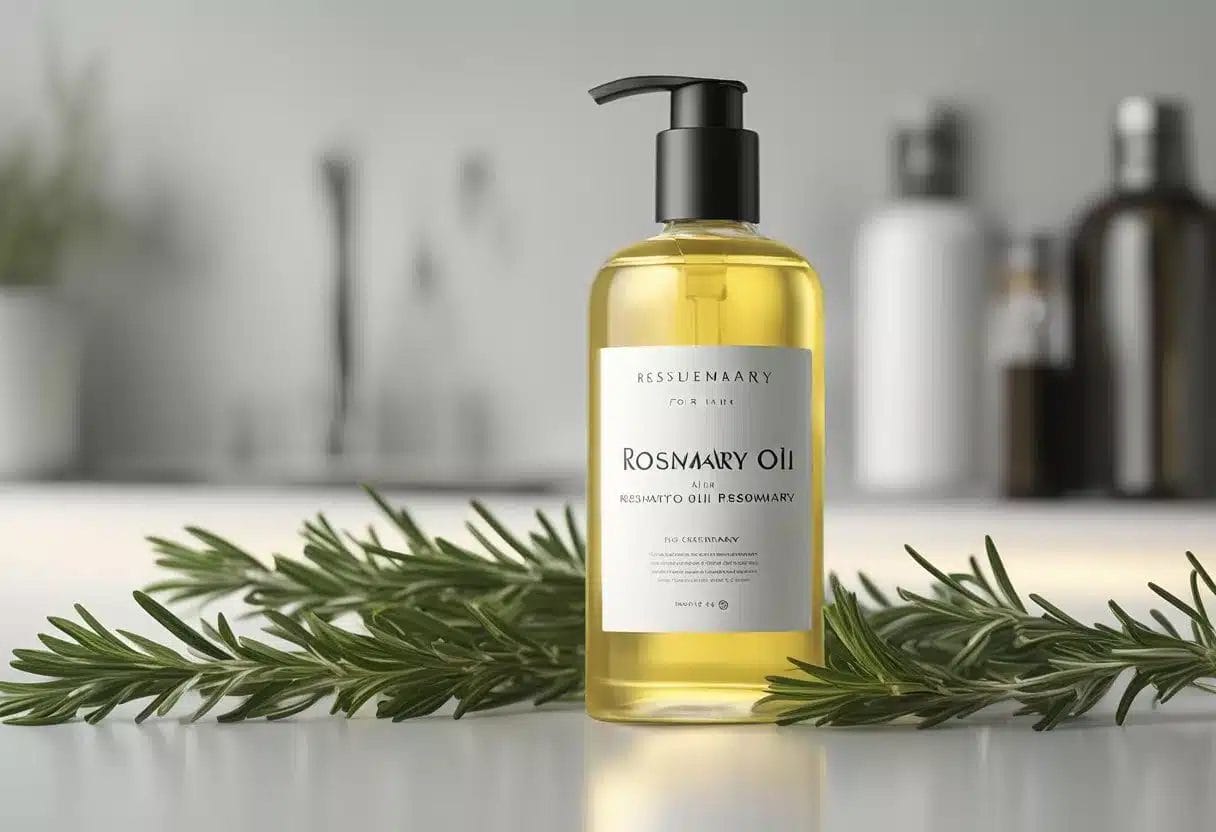 A bottle of rosemary oil hair product sits on a clean, white countertop, surrounded by fresh sprigs of rosemary. The label reads "Rosemary Oil for Hair" in elegant script