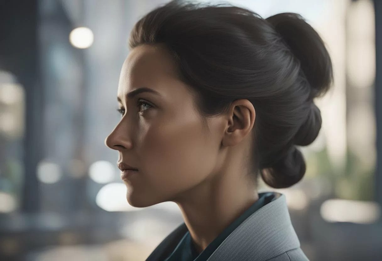 A woman with high cortisol levels, showing signs of stress and fatigue, with a tense expression and tense posture