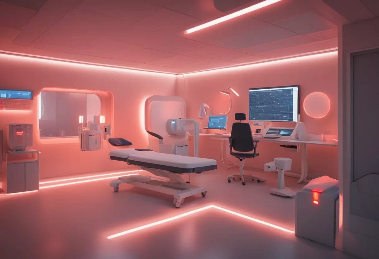 A clinical setting with red light therapy equipment in use. Visible effectiveness on targeted area