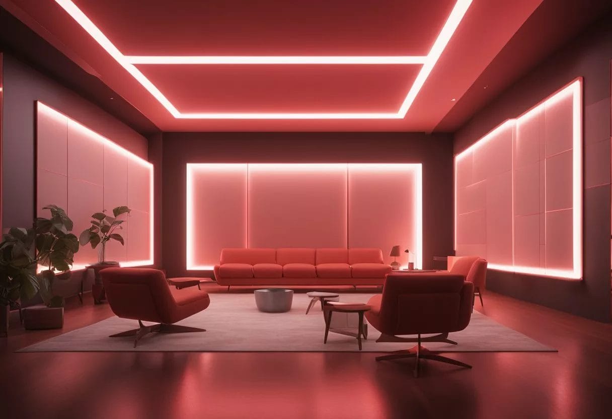 A room with various red light therapy devices, including panels, bulbs, and masks, set against a backdrop of soothing, dimly lit surroundings
