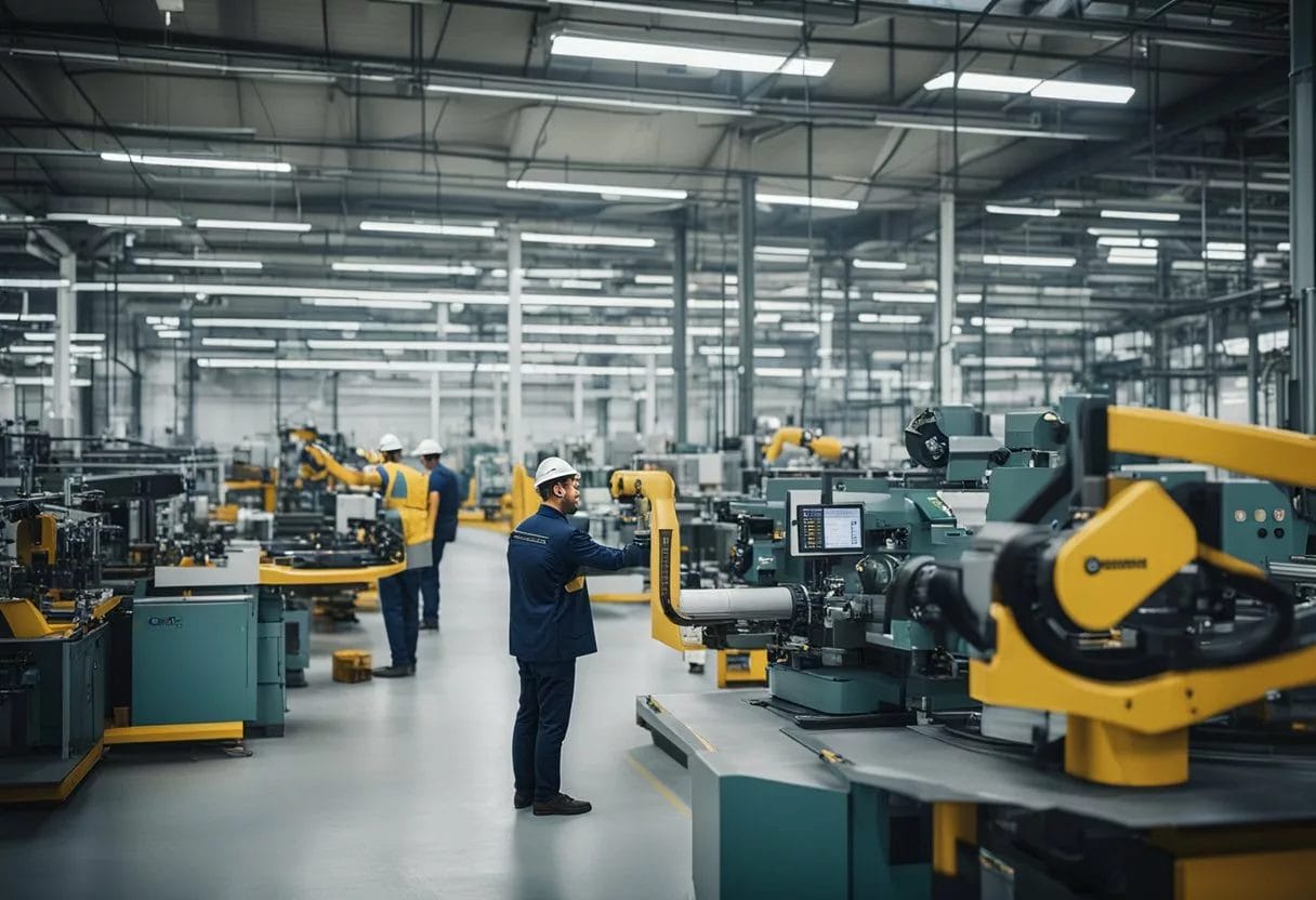 A factory with modern machinery and workers inspecting products. The company logo "Balmorex" is prominently displayed