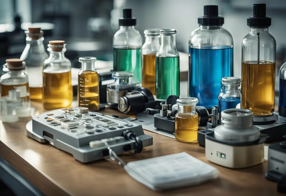 A laboratory table with various scientific equipment and bottles labeled "ZenCortex Ingredients" and "ZenCortex Review."
