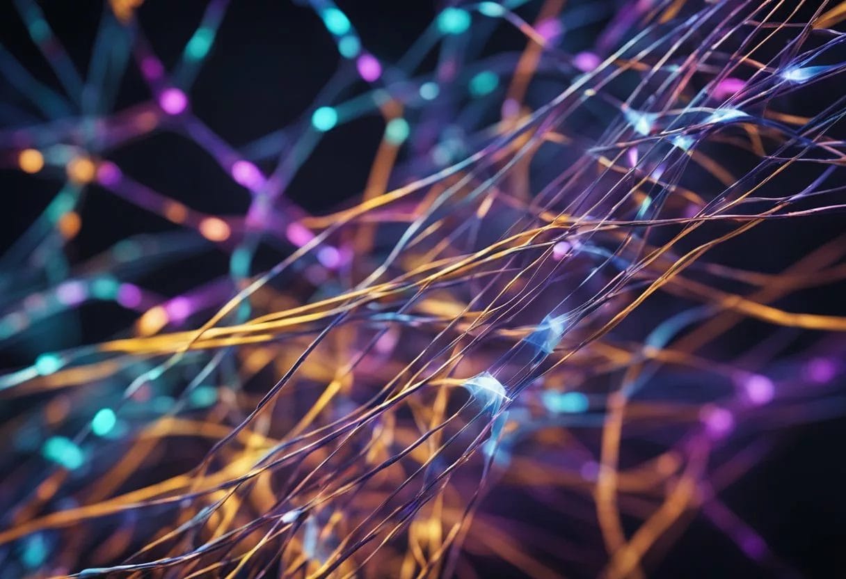 AGEs bind to ECM proteins, causing cross-linking and stiffening. ECM fibers appear tangled and rigid, with AGEs attached. Bright colors and jagged shapes convey the interaction