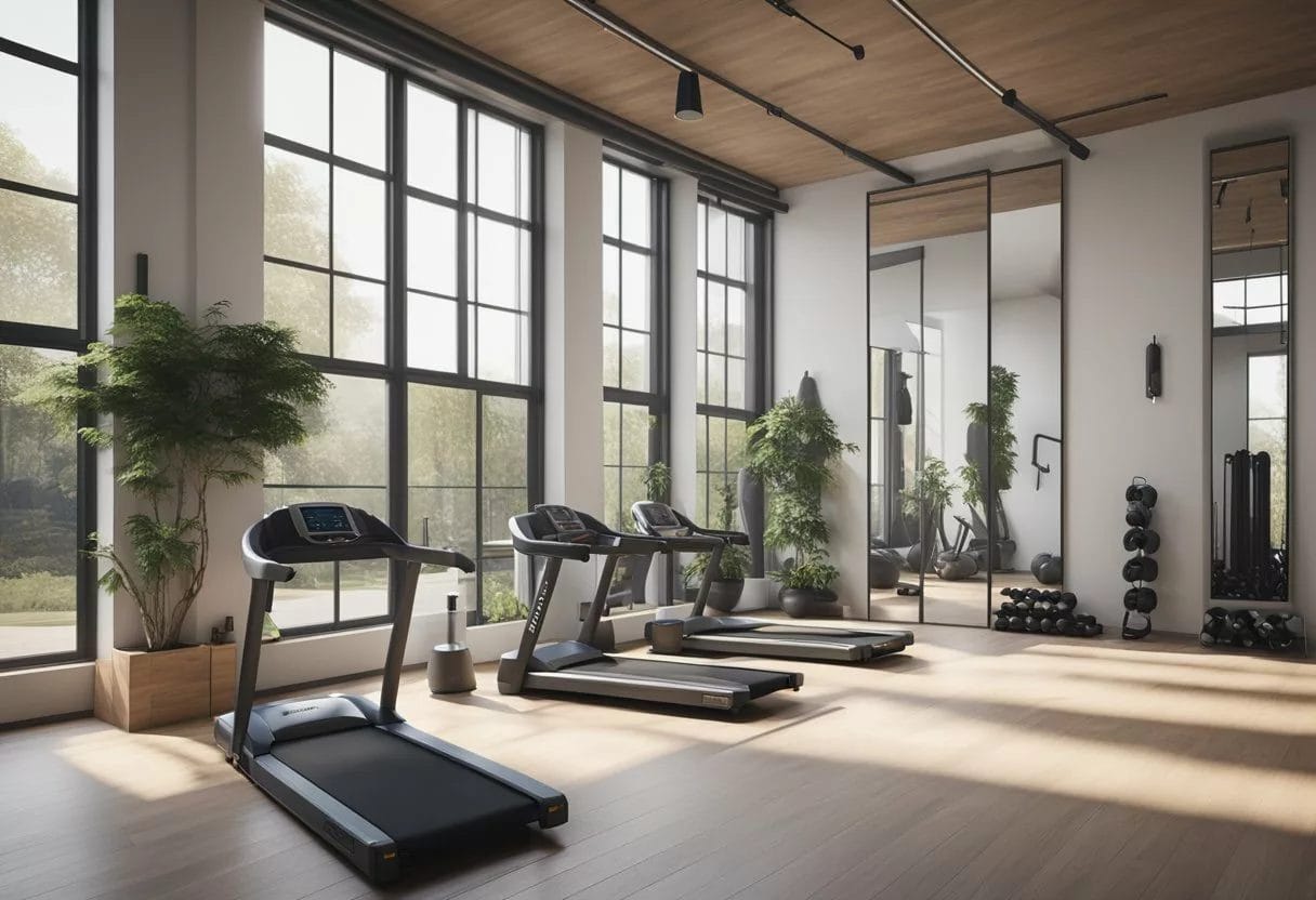 A spacious room with gym equipment neatly arranged, including a treadmill, weight bench, and yoga mat. Wall-mounted mirrors and ample natural light
