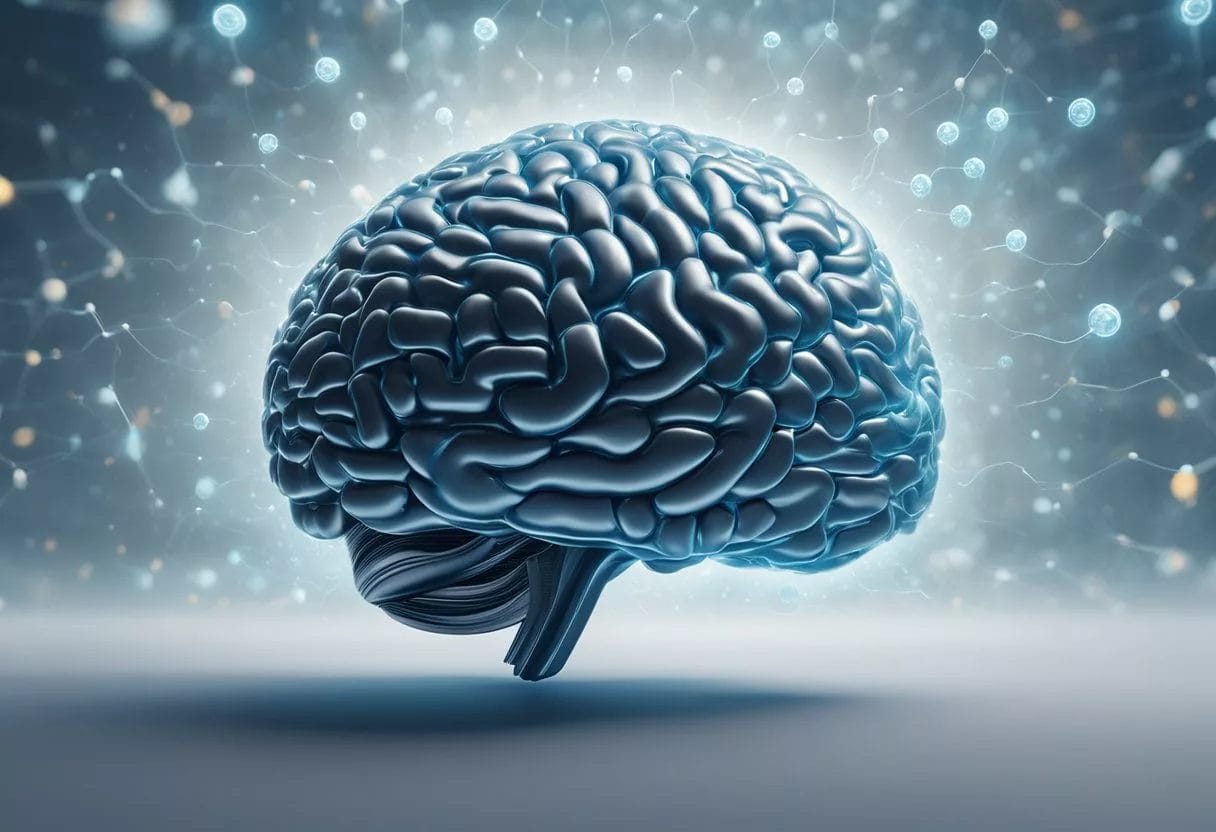 A brain surrounded by swirling compounds, radiating energy and calmness, symbolizing the surprising benefits of L-theanine on brain power and stress