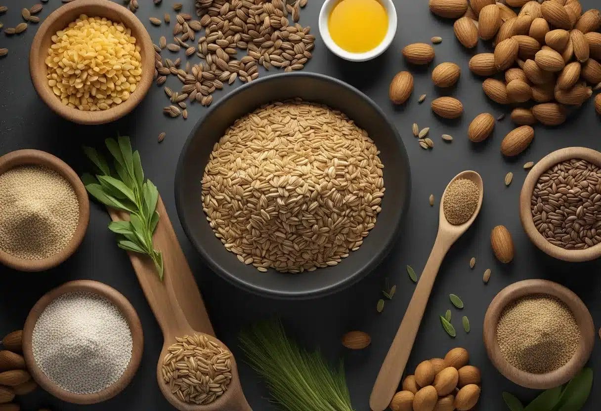 A pile of flaxseeds surrounded by various healthy foods, with a list of their nutritional benefits displayed nearby