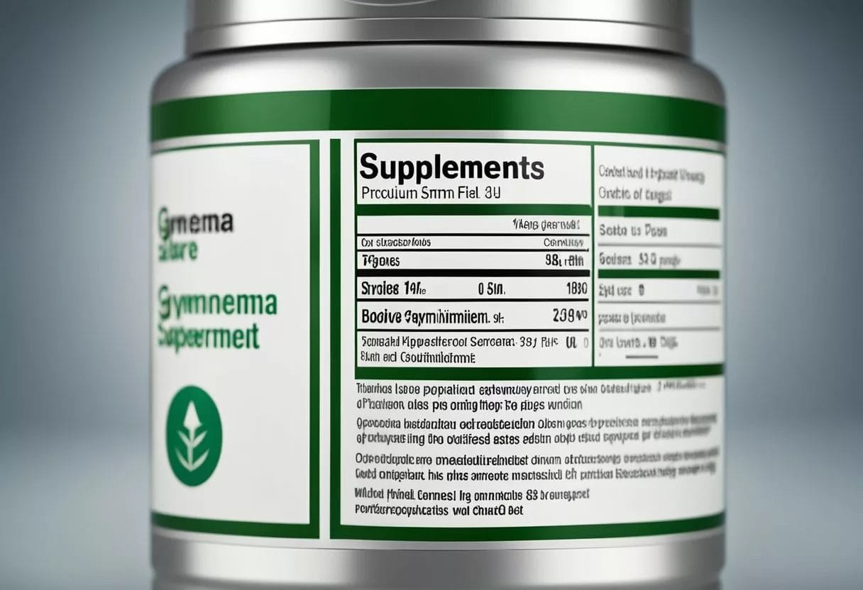 A bottle of Gymnema sylvestre supplement with warning label. A list of potential side effects and precautions displayed prominently