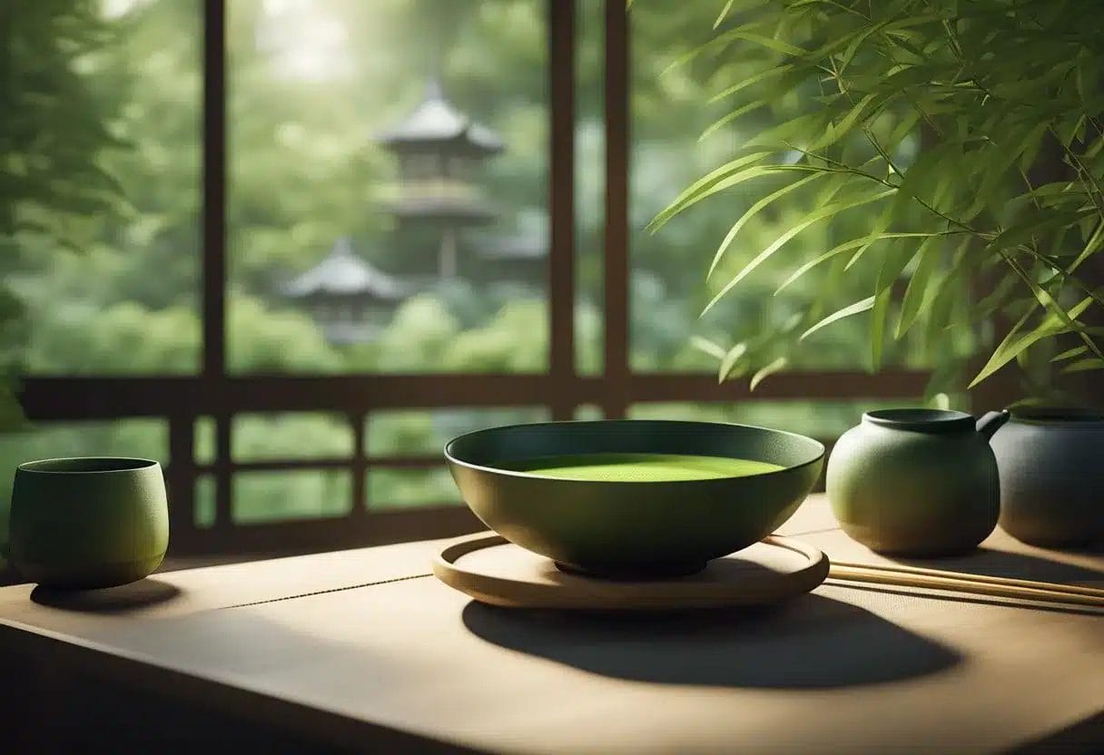 A serene Japanese garden with a traditional tea ceremony set-up, featuring a beautiful bowl of vibrant green matcha tea and a delicate bamboo whisk