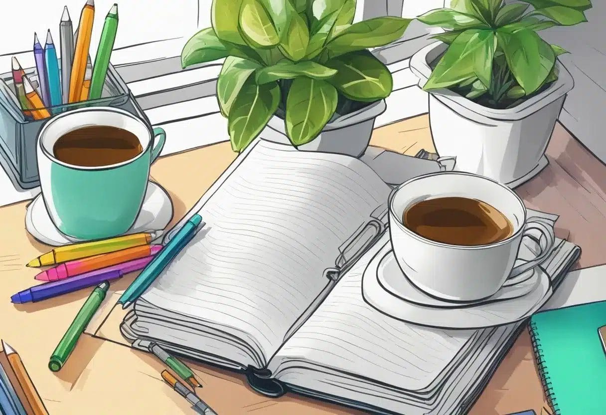 A blank journal open on a desk, surrounded by colorful pens and markers. A cup of tea and a potted plant add a cozy touch
