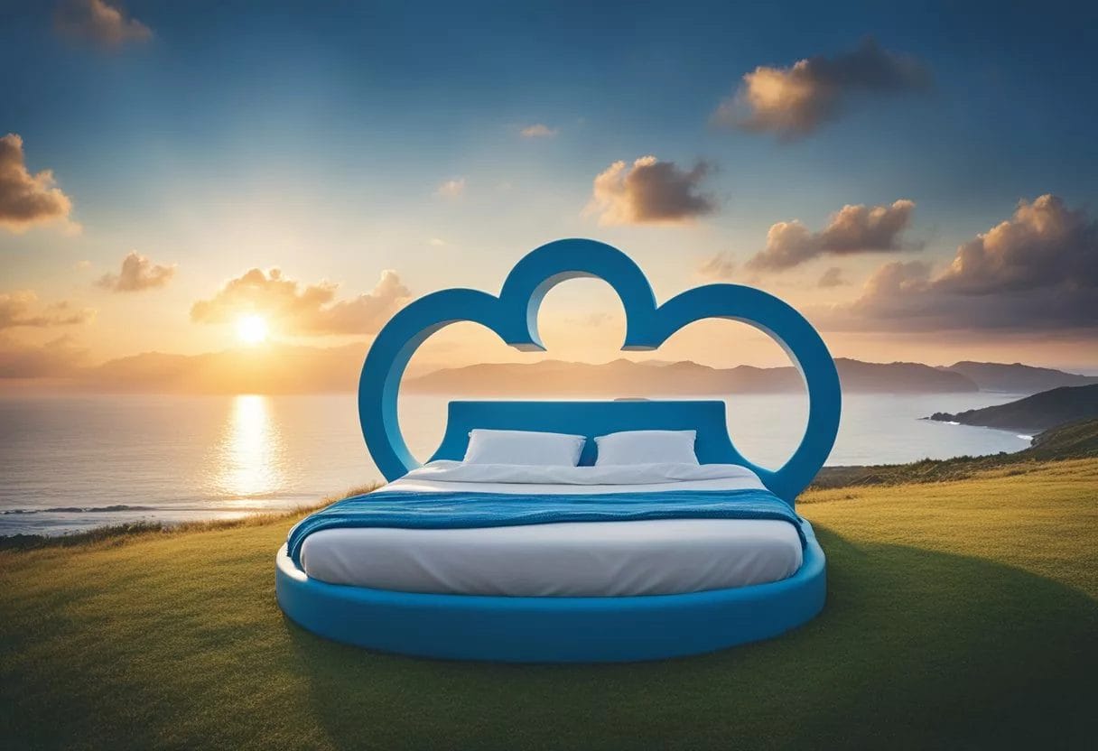A heart-shaped bed with a peaceful sleeper, surrounded by flowing blue waves and a winding road leading to a bright sunrise