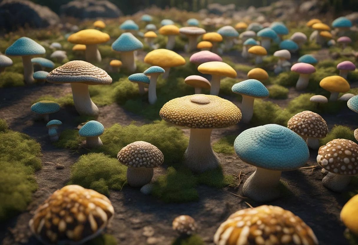 Turkey tail mushrooms arranged in a circular pattern, with vibrant colors and intricate patterns, surrounded by other types of mushrooms for comparison