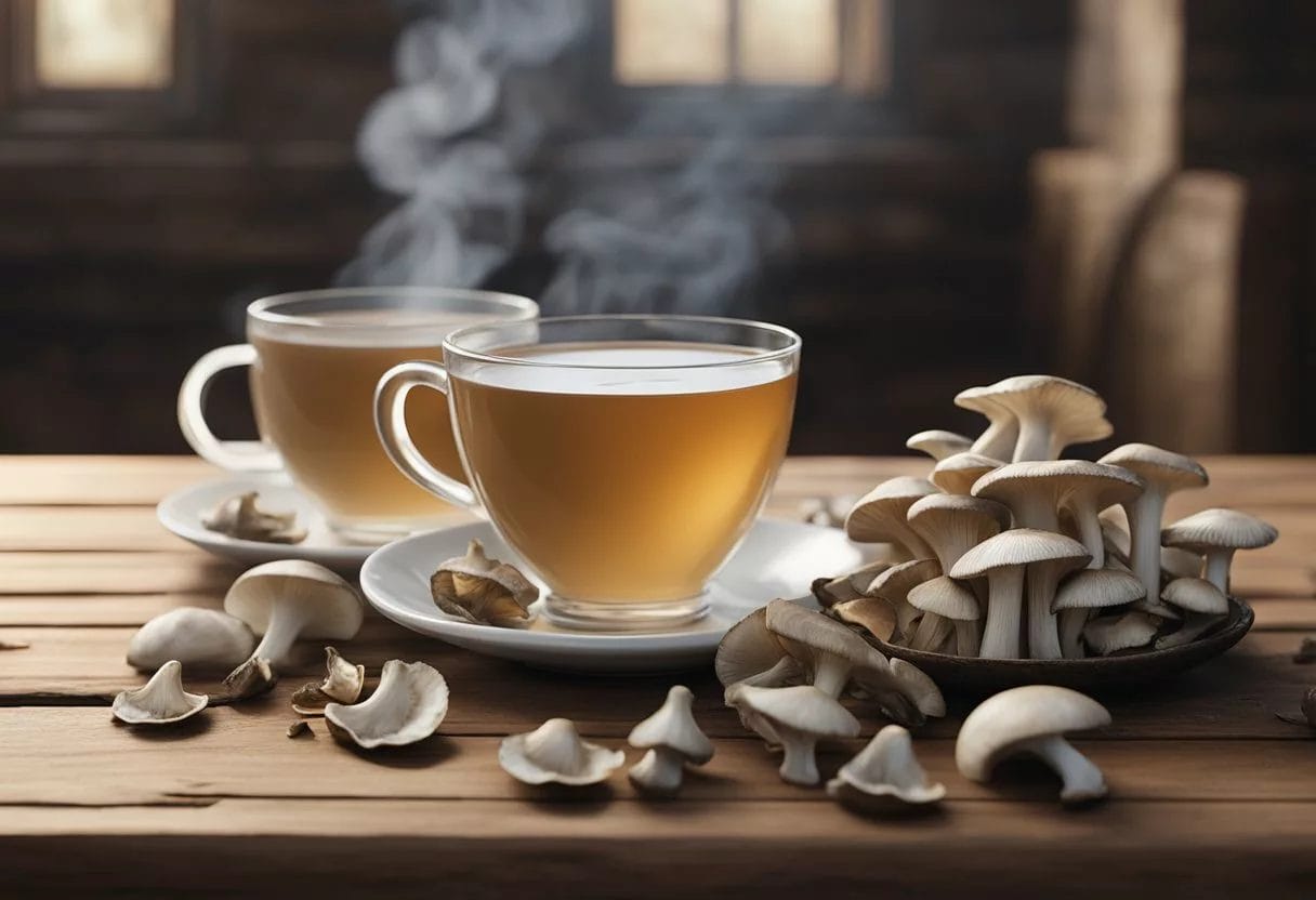 oyster mushroom tea - Preventive Medicine Daily A steaming cup of oyster mushroom tea sits on a rustic wooden table, surrounded by scattered dried mushroom slices and a few fresh oyster mushrooms