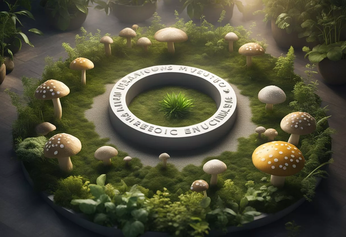 image-342 - Preventive Medicine Daily Adaptogenic mushrooms arranged in a circle, labeled with names and benefits, surrounded by plants and herbs