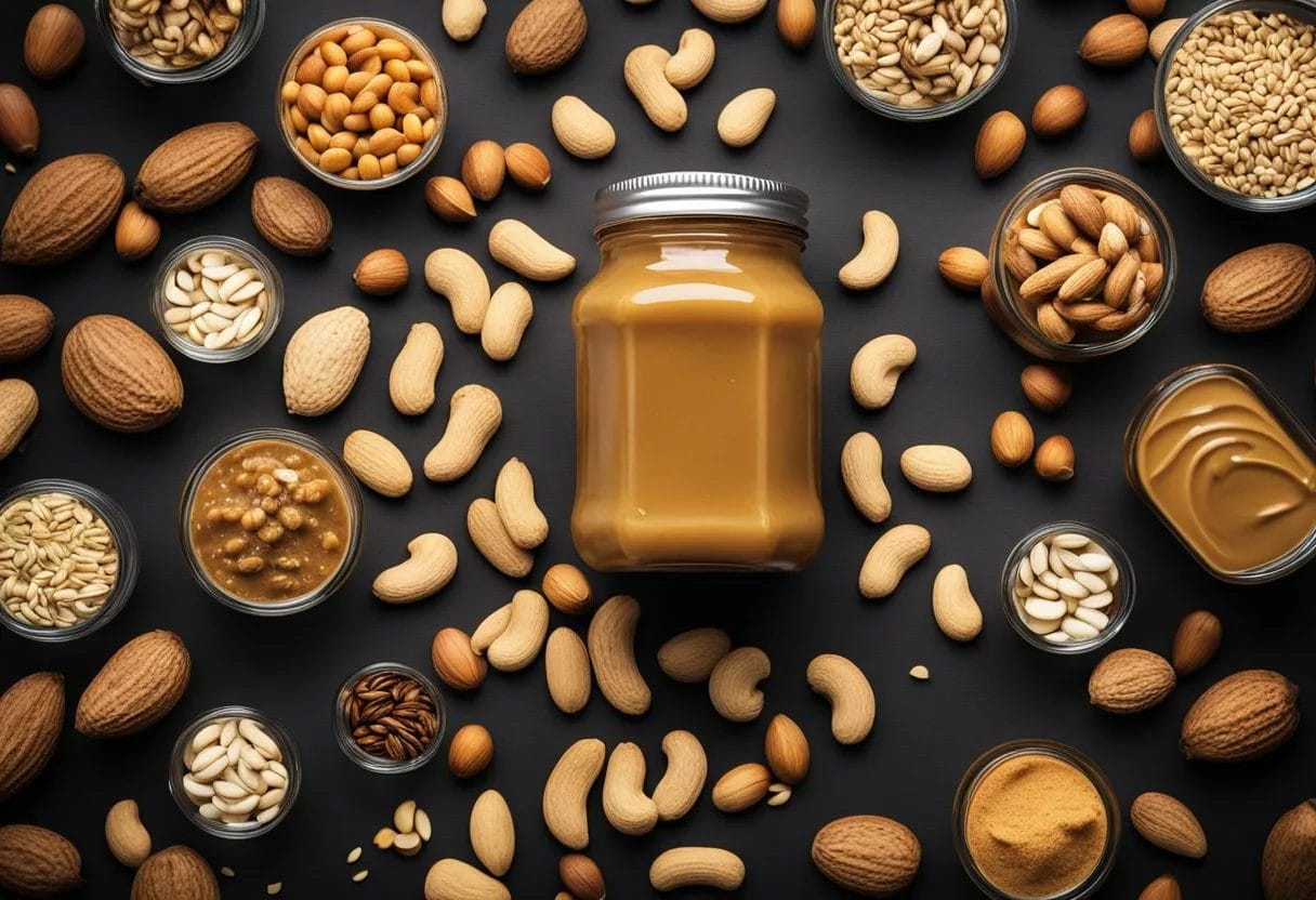 A jar of peanut butter surrounded by various nuts and seeds, with a glowing aura emanating from it, symbolizing the health benefits of regular consumption