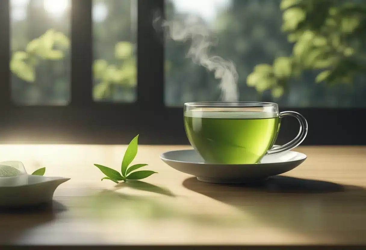 image-51 - Preventive Medicine Daily A cup of green tea sits on a table, steam rising from the surface. A serene and peaceful atmosphere surrounds the scene, evoking a sense of calm and well-being
