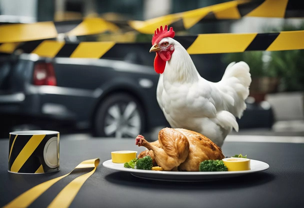 A chicken on a plate surrounded by warning signs and caution tape
