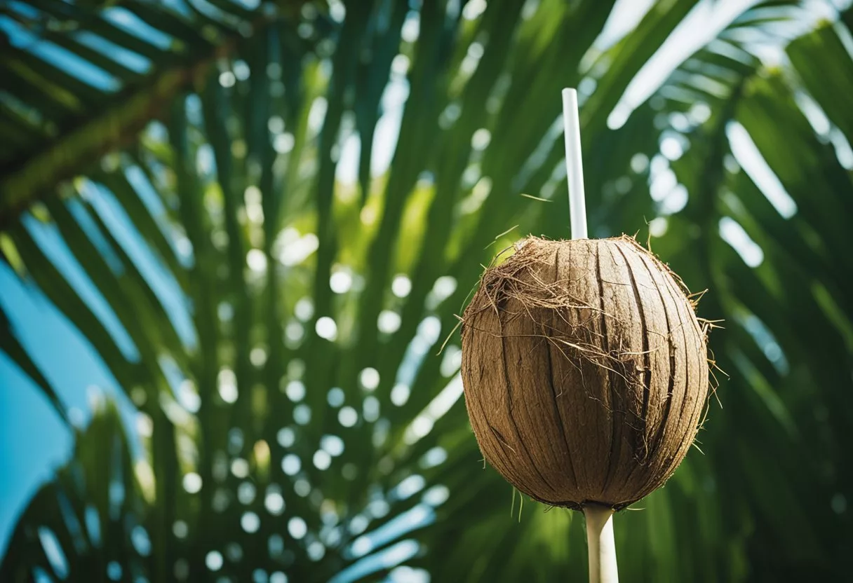 image - Preventive Medicine Daily A coconut with a straw inserted into the top, surrounded by tropical foliage and a clear blue sky