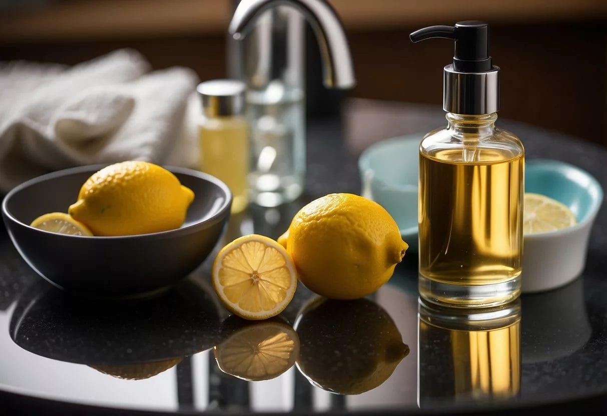 keep your nails healthy - Preventive Medicine Daily A bottle of nail oil sits next to a nail file and a hand cream on a clean, organized vanity table. A bowl of water with lemon slices is nearby