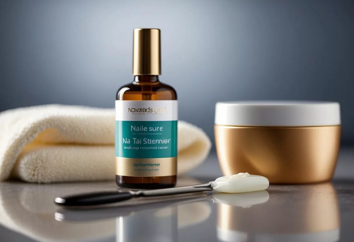 A bottle of nail strengthener sits on a bathroom counter, next to a nail file and a hand cream. A healthy nail is shown as an example