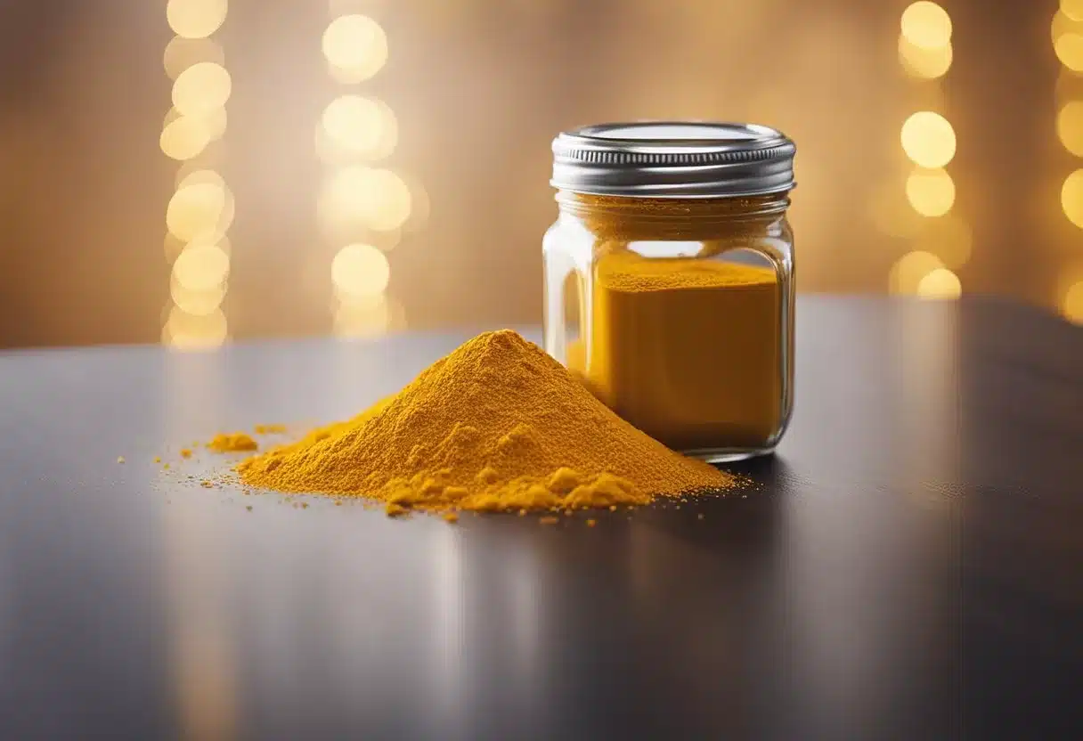 take turmeric every day - Preventive Medicine Daily A jar of turmeric spills onto a table, with a golden glow emanating from the powder. A beam of light shines down, illuminating the spice