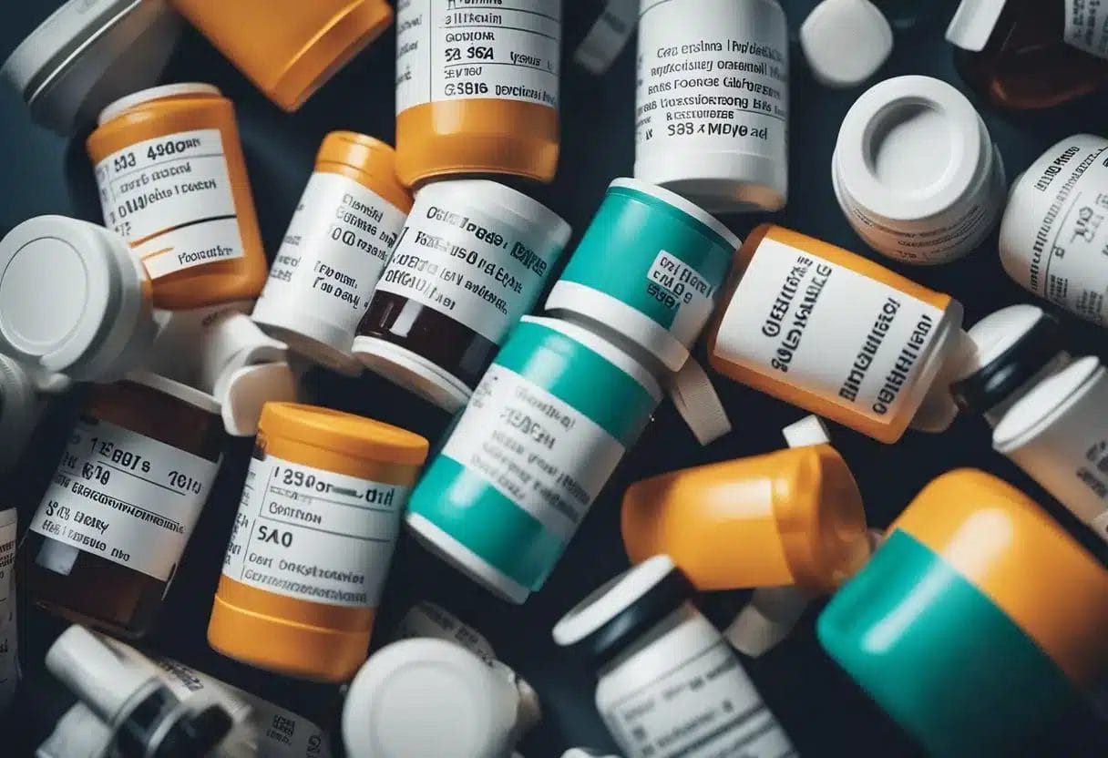 A pile of prescription medication bottles with labels showing common drugs known to cause insomnia