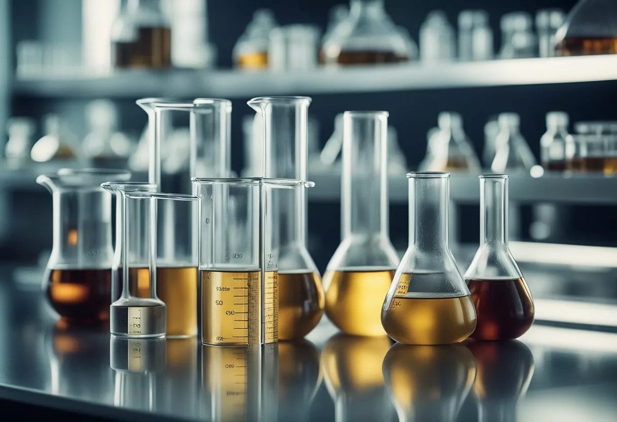 A laboratory setup with beakers and tubes, showing the process of nitric oxide production and its impact on the body's functions