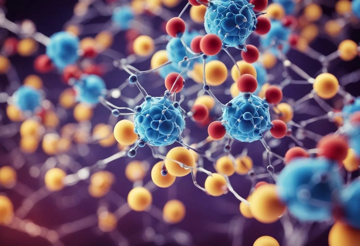 Nitric oxide molecules interact with cells, signaling pathways, and blood vessels in a dynamic and intricate network