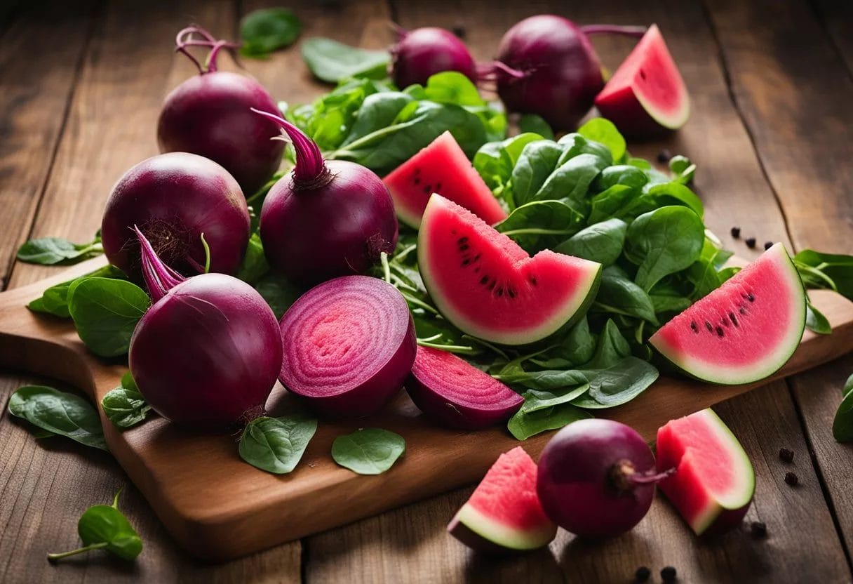 A vibrant beetroot surrounded by 9 other healthy foods like spinach, arugula, and watermelon, all arranged on a wooden cutting board