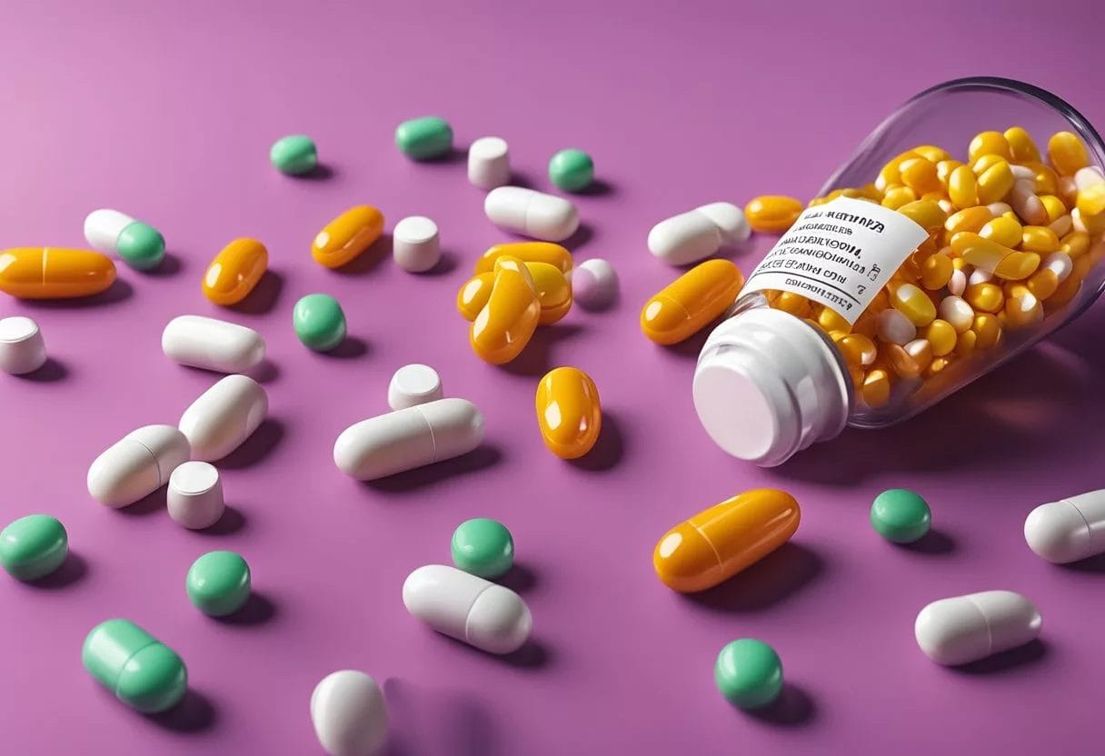 A bottle of Vitamin B12 surrounded by colorful capsules and a background of ear anatomy illustrations