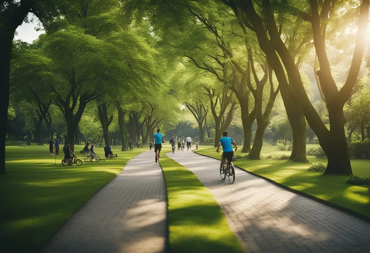 A winding path through a lush green park, with people of all ages and abilities engaged in various forms of physical activity