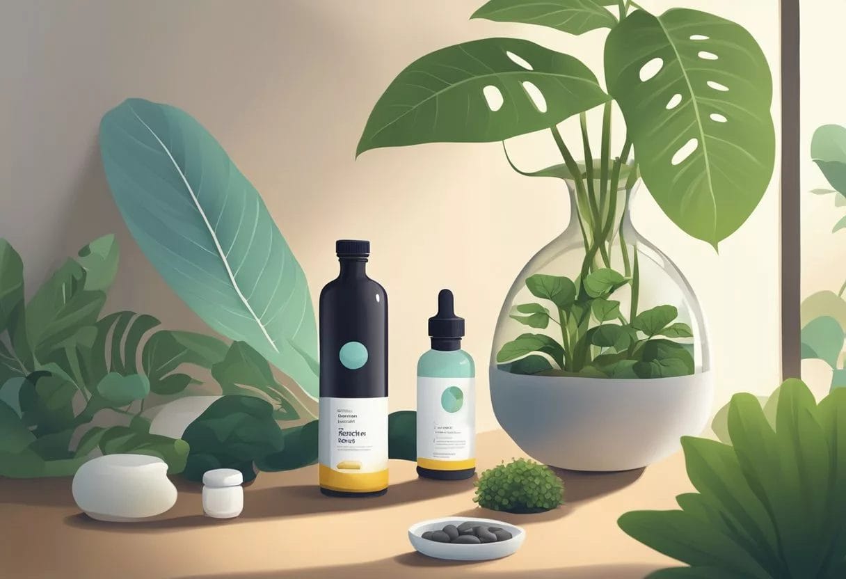 A serene, natural setting with a bottle of supplements surrounded by calming elements like plants and soft lighting